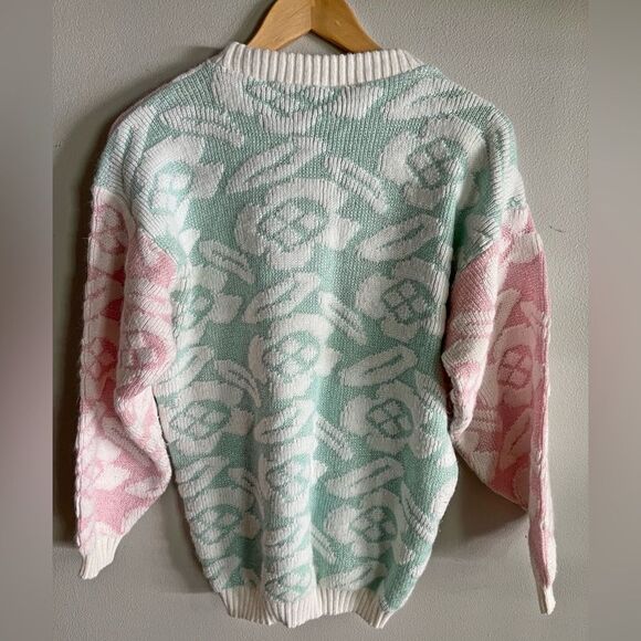 VINTAGE Pastel Sweater Pink Mint Floral Knit Pullover 90s Y2K Coquette Aesthetic - Picture 5 of 7